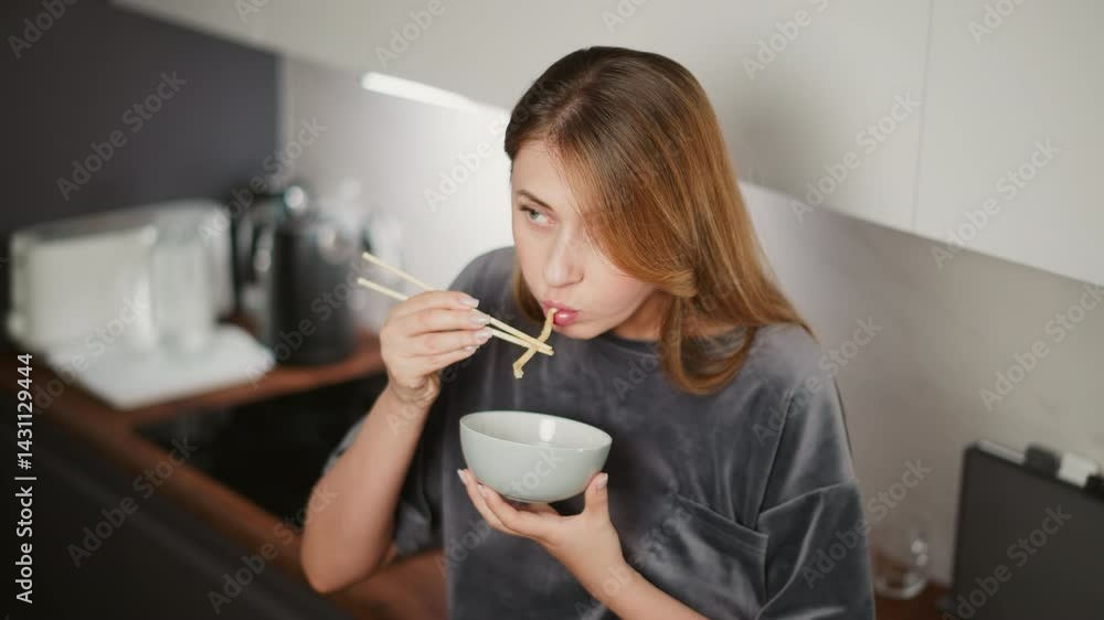 Young house girl with long hair eating lunch with chopsticks while resting casually against kitchen cabinet in modern kitchen, blurred view of glass cup and jug on wooden countertop Young house girl with long hair eating lunch with chopsticks while resting casually against kitchen cabinet in modern kitchen, blurred view of glass cup and jug on wooden countertop