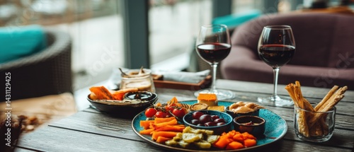 Wallpaper Mural Elegant wine and charcuterie board arrangement featuring vibrant colors and a cozy restaurant atmosphere perfect for a luxurious dining experience and social gathering Torontodigital.ca