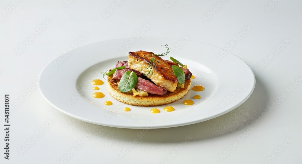A rectangular piece of white, flaky fish with a golden-brown crust is placed on top of the meat A rectangular piece of white, flaky fish with a golden-brown crust is placed on top of the meat