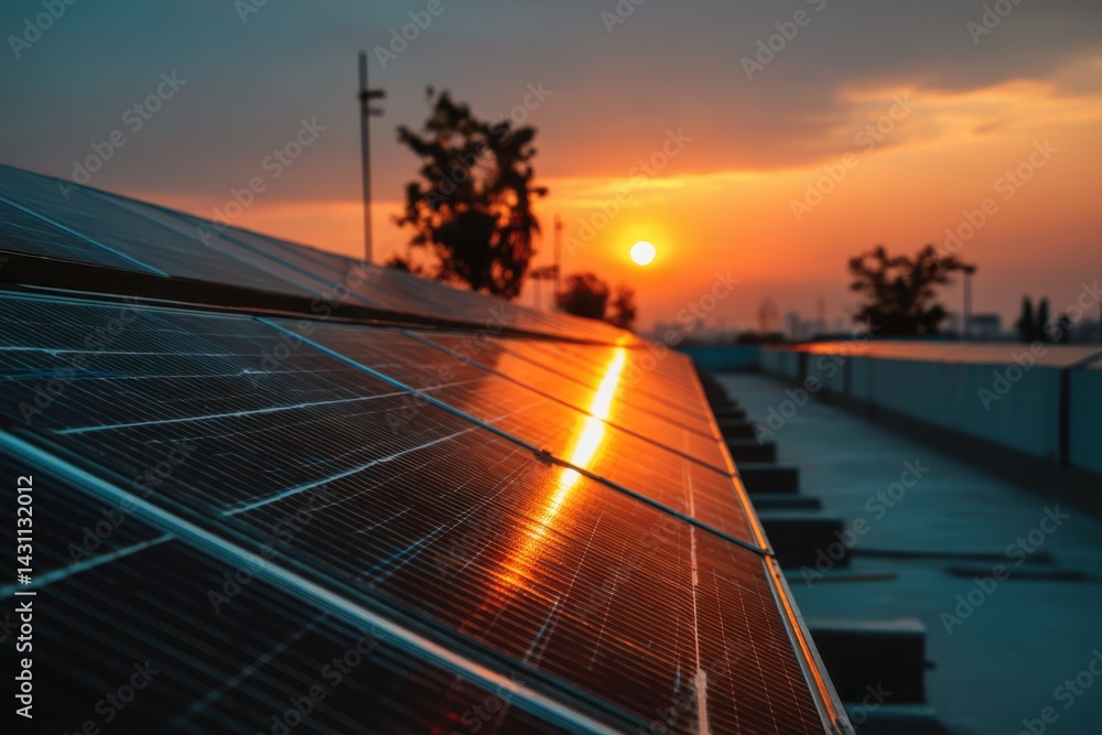 Solar Panel Array Reflecting a Vibrant Sunset Sky Generating Clean Energy in an Urban Landscape, View from Rooftop, Low Angle, Warm Tone, and Sustainable Future Solar Panel Array Reflecting a Vibrant Sunset Sky Generating Clean Energy in an Urban Landscape, View from Rooftop, Low Angle, Warm Tone, and Sustainable Future