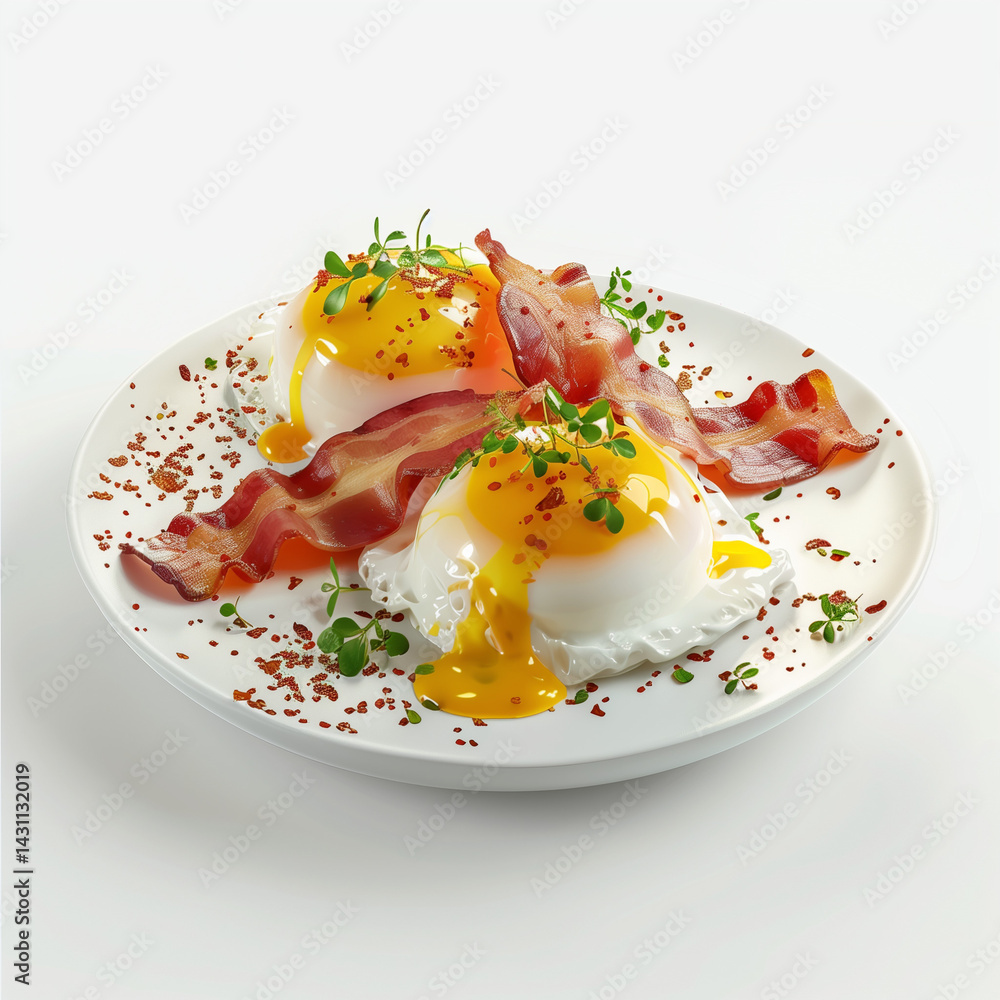 Crispy Bacon and Sunny Side Up Eggs on White Plate, Isolated on White Crispy Bacon and Sunny Side Up Eggs on White Plate, Isolated on White