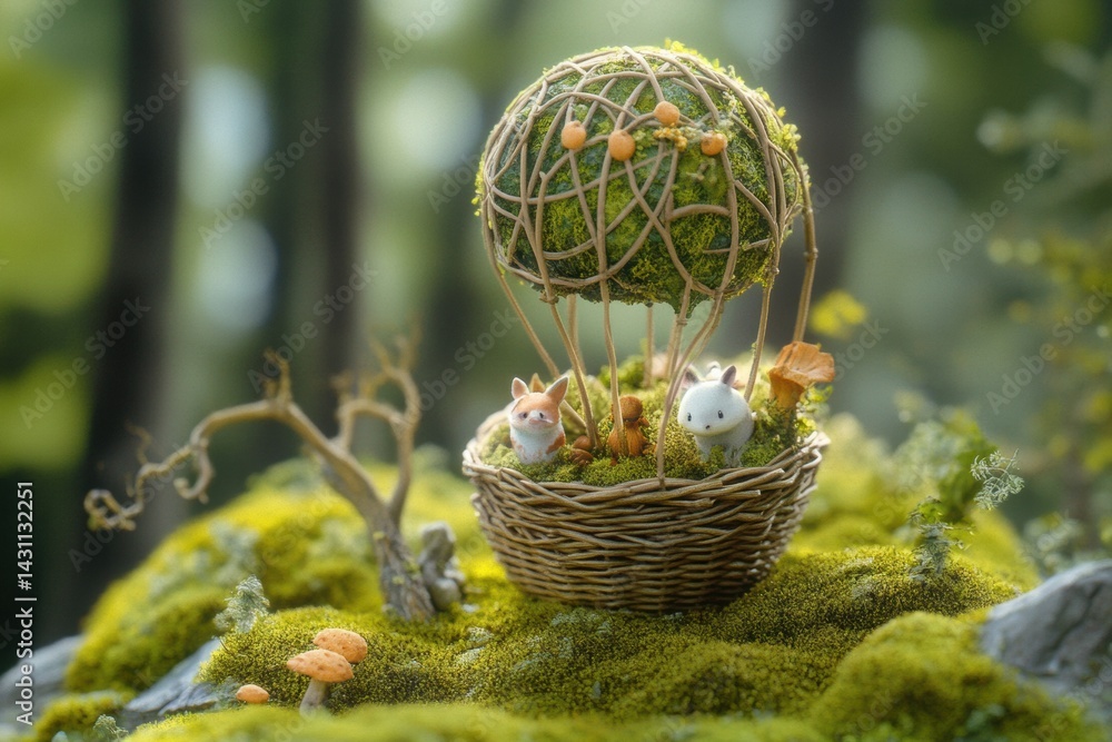 Balloon-shaped Basket Carries Tiny Forest Animals Over Soft Hills With Lush Greenery Generative AI
