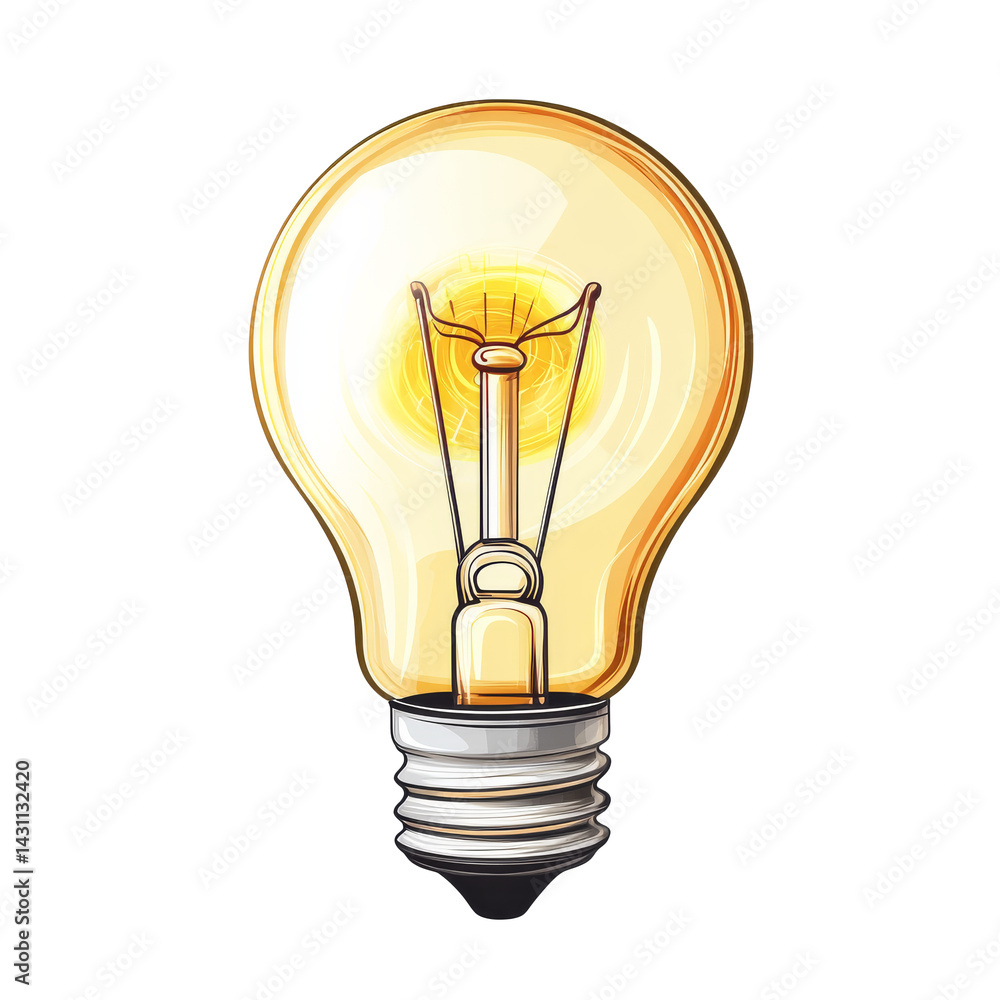 Portable incandescent light bulb illustration capturing vintage design and glowing filament