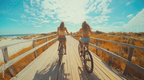 Two young women joyfully running along a sandy boardwalk near the beach