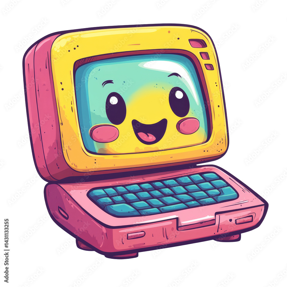 Cartoon smiling computer character with vibrant colors in a playful design