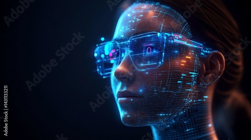 Woman with futuristic glasses, digital overlay