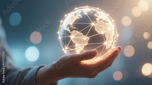 Handheld Luminous Globe with Light Connections, Representing Global Network Connectivity