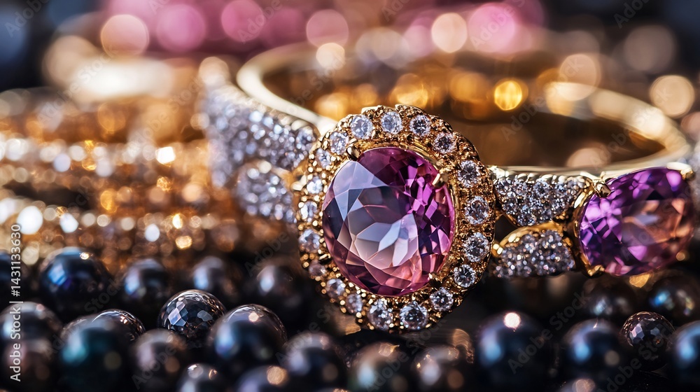 Elegant Amethyst Ring: Sparkling Diamonds and Golden Accents Elegant Amethyst Ring: Sparkling Diamonds and Golden Accents