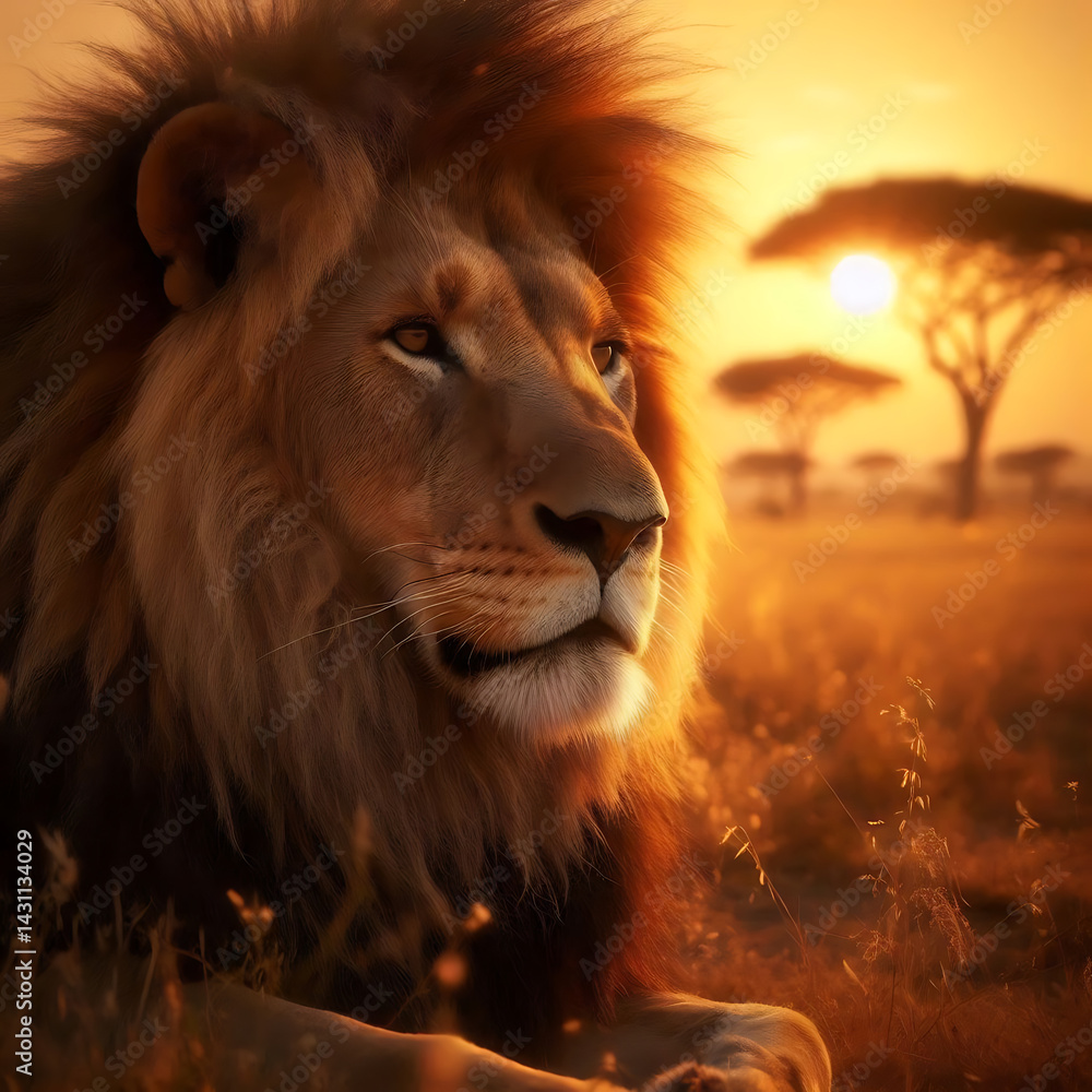 Naklejka premium Majestic Lion at Sunset