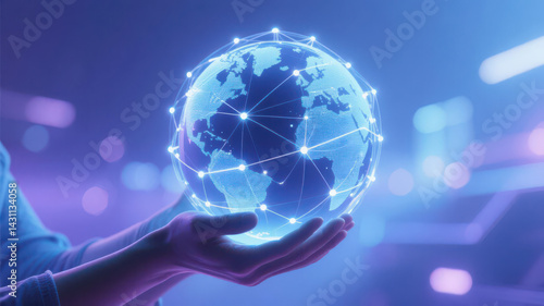 Hand Gripping a Radiant Globe, Light Bridges Signifying Worldwide Web Connectivity