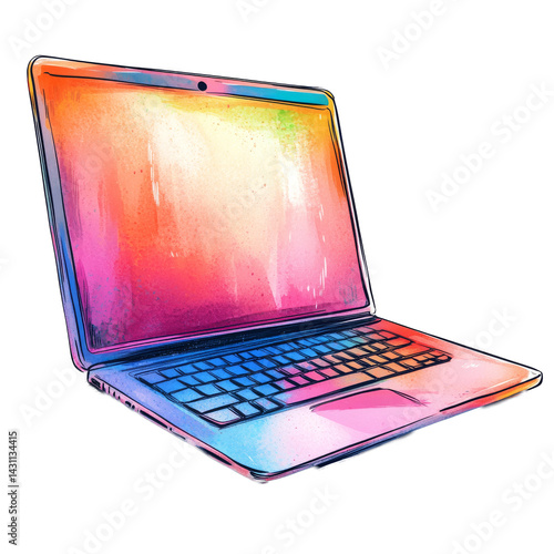 Colorful watercolor illustration of a laptop on a white background showcasing creativity and technology