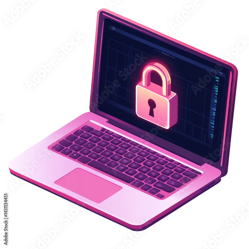 Obraz na płótnie Digital security measures highlighted on a pink laptop with a lock symbol during a cyber awareness campaign w salonie