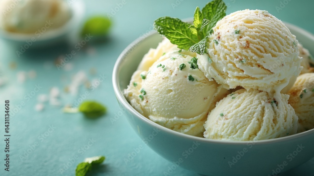 Delicious Mint Chocolate Chip Ice Cream Scoops in Bowl Refreshing Summer Dessert