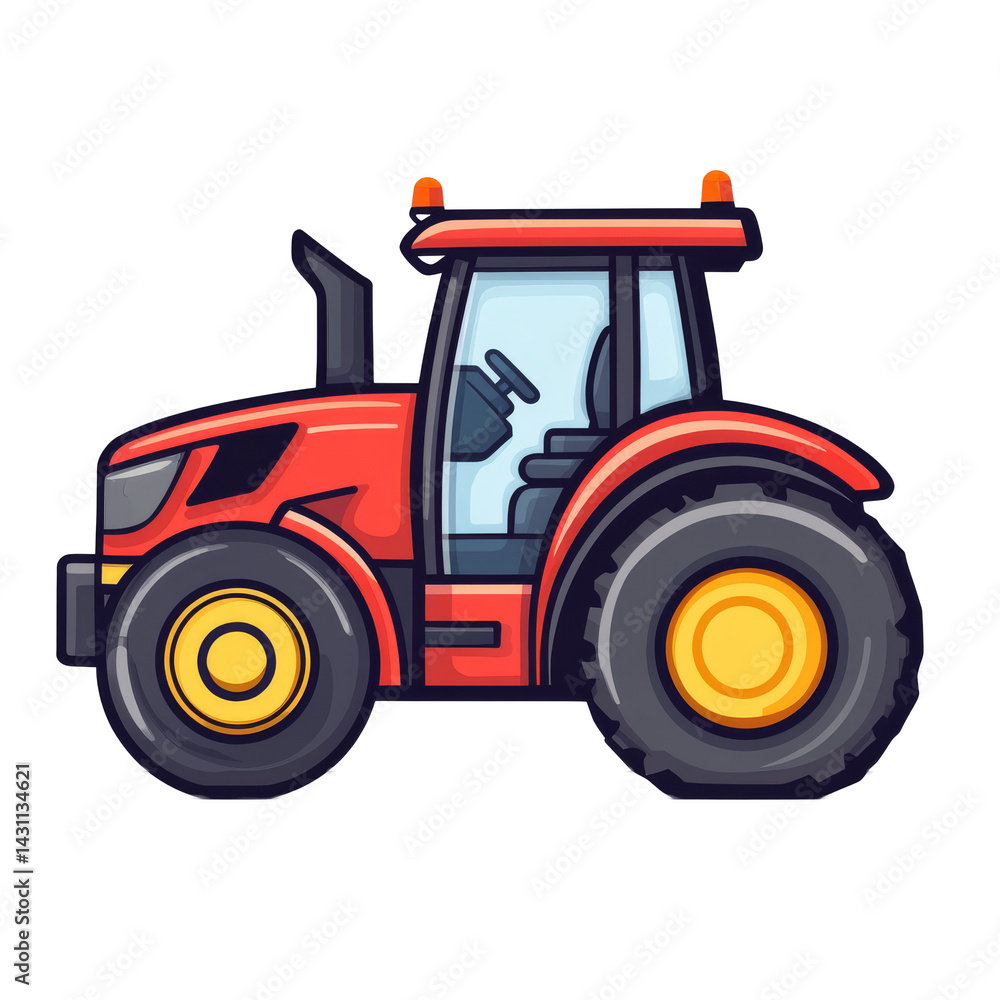 Bright red tractor in profile view with large yellow wheels on white background