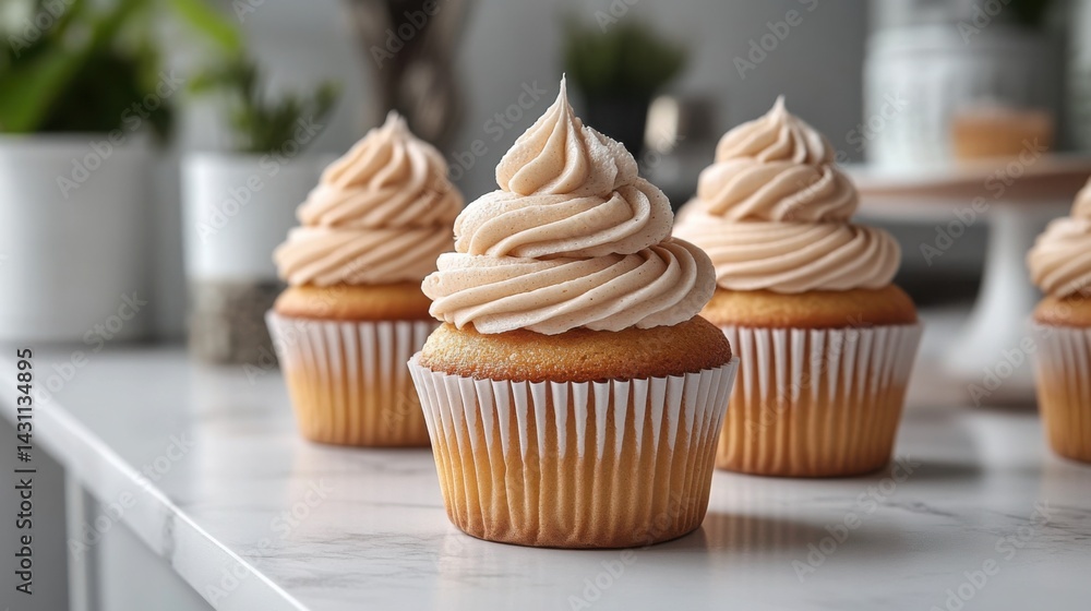 Delicious Vanilla Cupcakes with Creamy Brown Sugar Frosting on Marble Surface