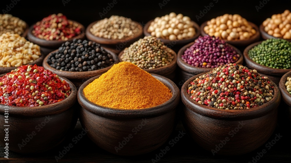Vibrant Collection of Aromatic Spices in Bowls Colorful Herb and Pepper Blend Culinary Background