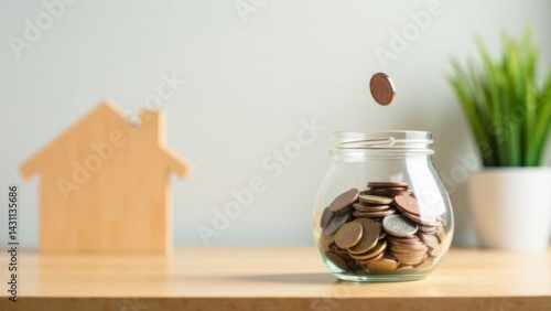 single coin dropping into glass jar full of savings with wooden house figure and plant in background on clean desk surface, concept of real estate investment, home loan saving, financial planning