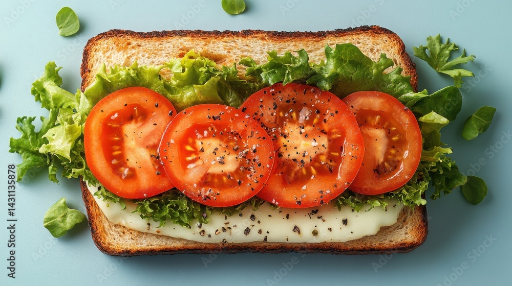 Delicious Open Faced Tomato Lettuce Sandwich on Whole Wheat Bread
