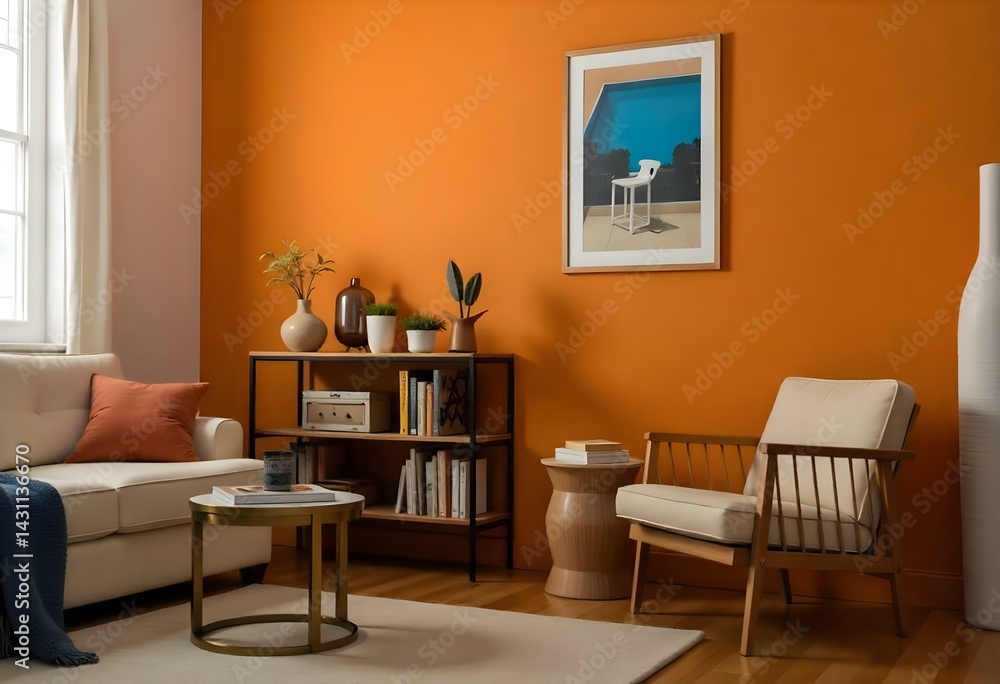 Interior design of a living room with orange walls, a wooden shelf with decorations, a metal coffee table, and a beige armchair, minimalist style Interior design of a living room with orange walls, a wooden shelf with decorations, a metal coffee table, and a beige armchair, minimalist style