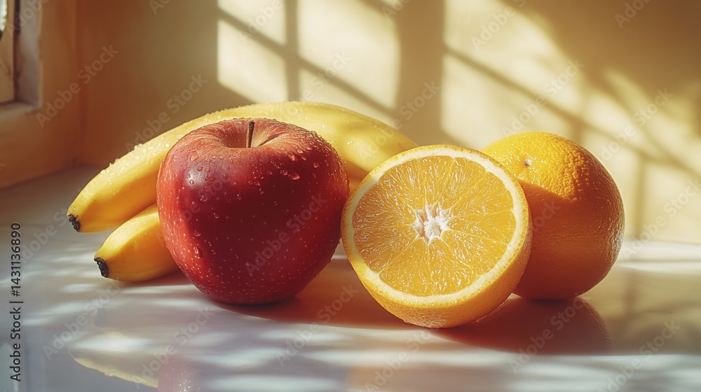 Sunlit Still Life Red Apple Bananas and Orange Slices Healthy Fruit