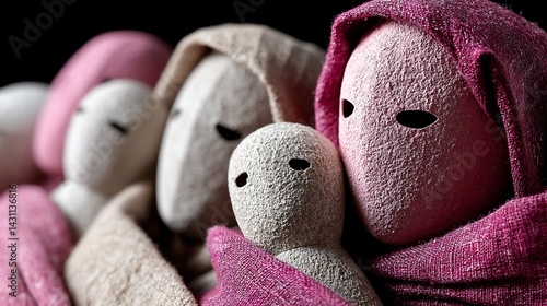 Close-up of sculpted figures, draped in fabrics, with muted tones and solemn expressions