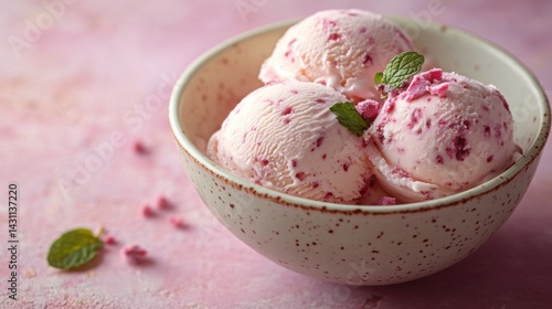 Delicious Pink Raspberry Ice Cream Scoops in Bowl Close Up
