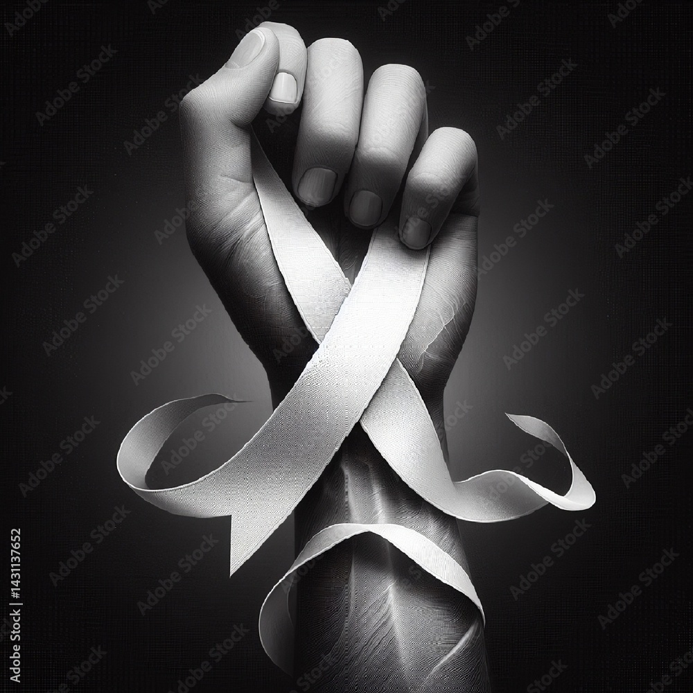 An artistic composition with a white ribbon elegantly wrapped around the wrist, conveying a sense of remembrance and awareness. AI generated.