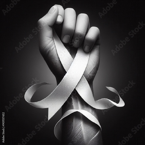 Obraz na płótnie An artistic composition with a white ribbon elegantly wrapped around the wrist, conveying a sense of remembrance and awareness. AI generated. w salonie