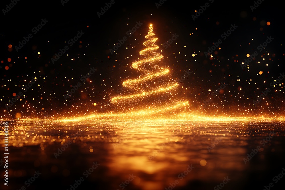 Sparkling Christmas Tree Design, Golden Particles, Isolated on Black Background, Festive Sparkling Christmas Tree Design, Golden Particles, Isolated on Black Background, Festive