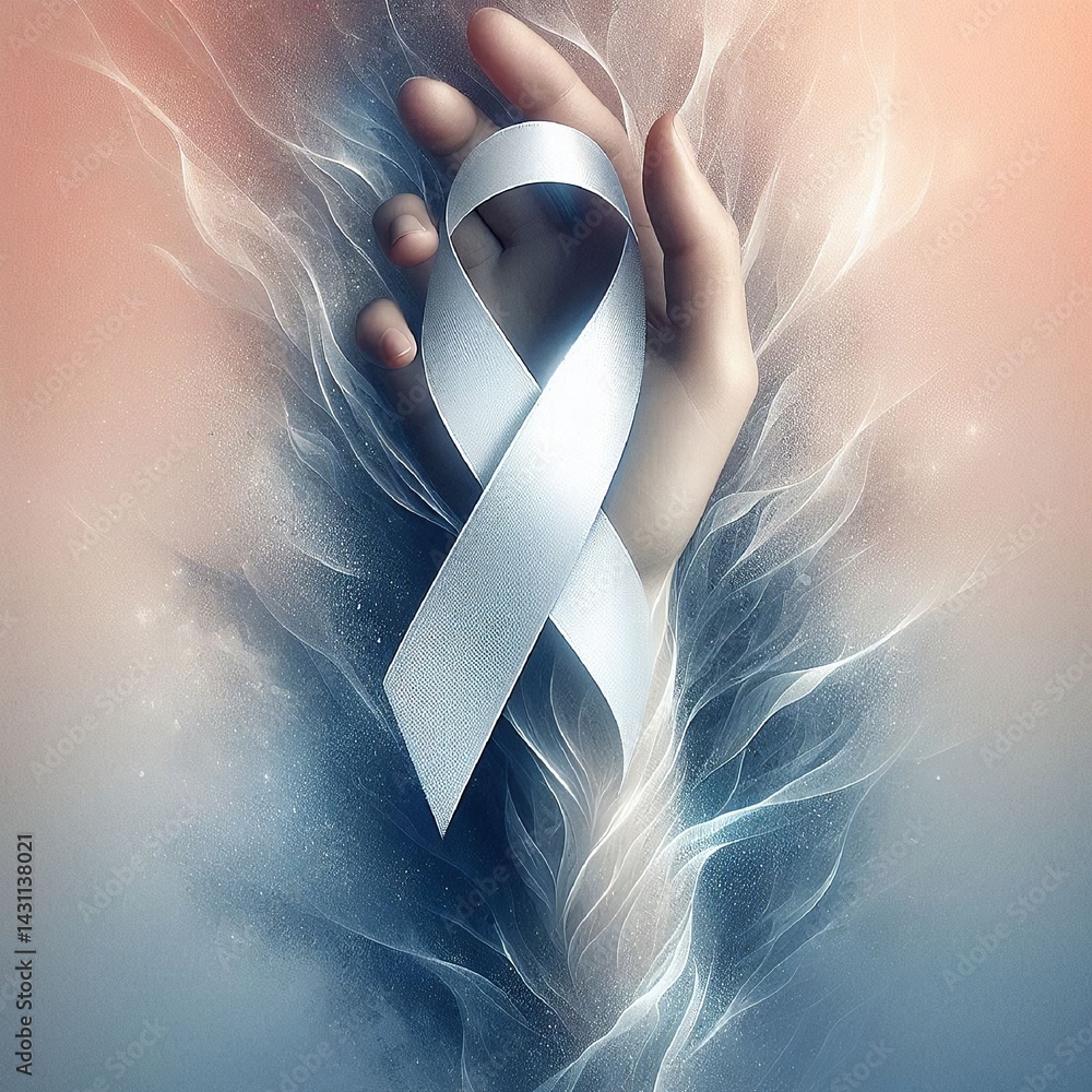 An artistic composition with a white ribbon elegantly wrapped around the wrist, conveying a sense of remembrance and awareness. AI generated.