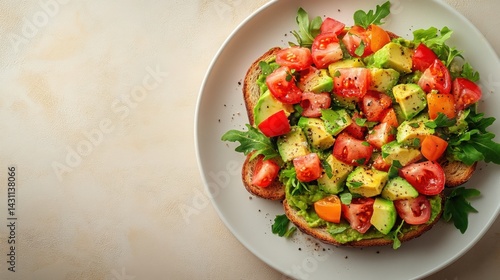 Obraz na płótnie Delicious Avocado Toast with Tomatoes Arugula Seasoning Healthy Breakfast Food w salonie