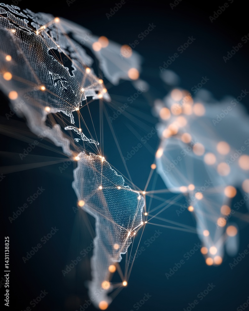 Global network connecting world continents with glowing nodes and lines on dark background depicting international communication and digital connectivity in a modern abstract style