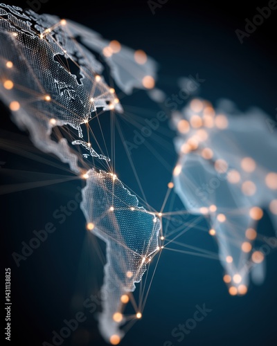 Obraz na płótnie Global network connecting world continents with glowing nodes and lines on dark background depicting international communication and digital connectivity in a modern abstract style w salonie