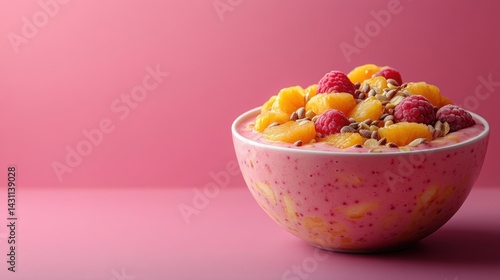 Obraz na płótnie Delicious Raspberry Smoothie Bowl with Mandarin Oranges and Seeds Healthy Breakfast w salonie