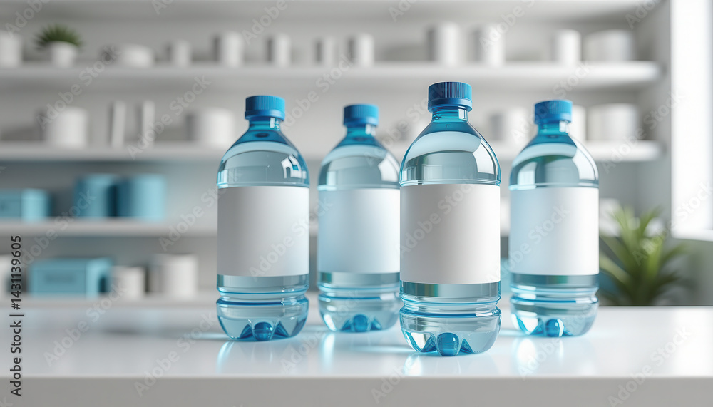 Water bottle label mockup. Blank label branding mockup for bottled water on display shelf Water bottle label mockup. Blank label branding mockup for bottled water on display shelf