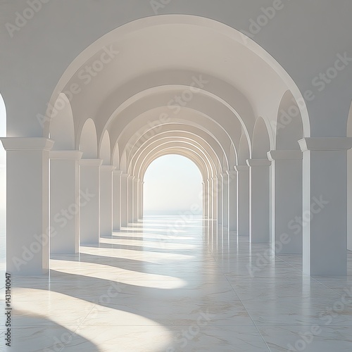 White arched corridor with light at the end  casting shadows on the floor.