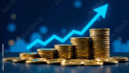 stacks of gold coins growing in ascending order with blue arrow chart showing upward trend on dark background, concept of financial growth, investment success, stock market strategy