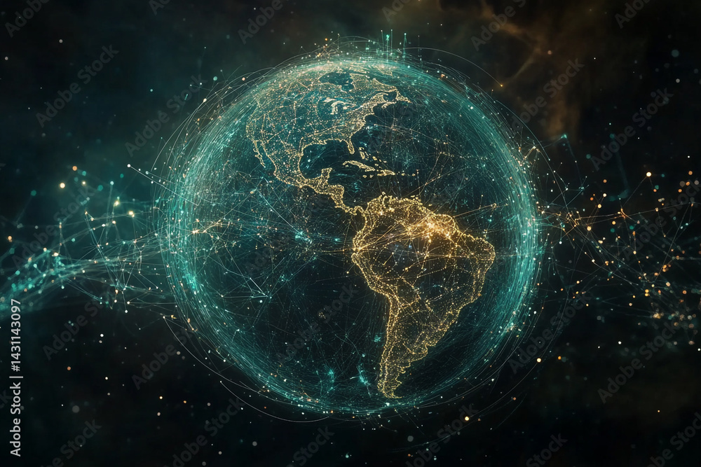 Obraz premium Global network connections illuminating the earth at night showing a futuristic digital world