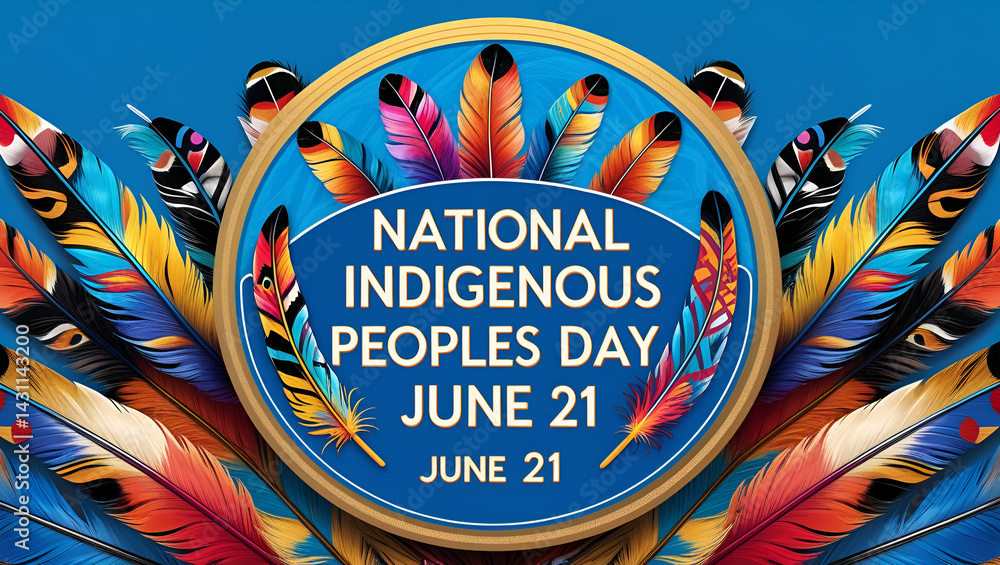 Fototapeta premium National Indigenous Peoples Day June 21 Celebration round label design with feathers in canada.