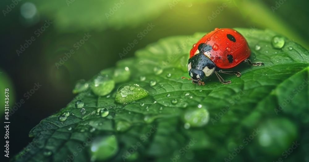 Close-up of a ladybug on a dew-covered green leaf in a lush, sunlit setting. Close-up of a ladybug on a dew-covered green leaf in a lush, sunlit setting.
