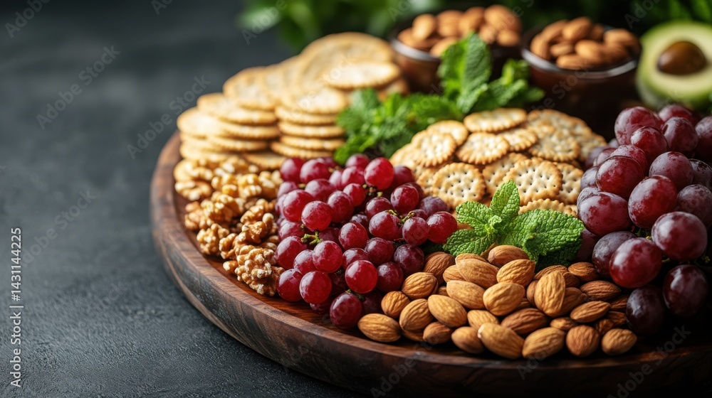 Fototapeta premium Delicious Gourmet Snack Board Almonds Grapes Crackers Walnuts Mint
