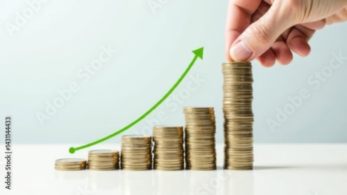 hand adding coin to the highest stack in ascending row of golden coins with green arrow curve showing growth, financial investment planning concept, wealth management, economic strategy