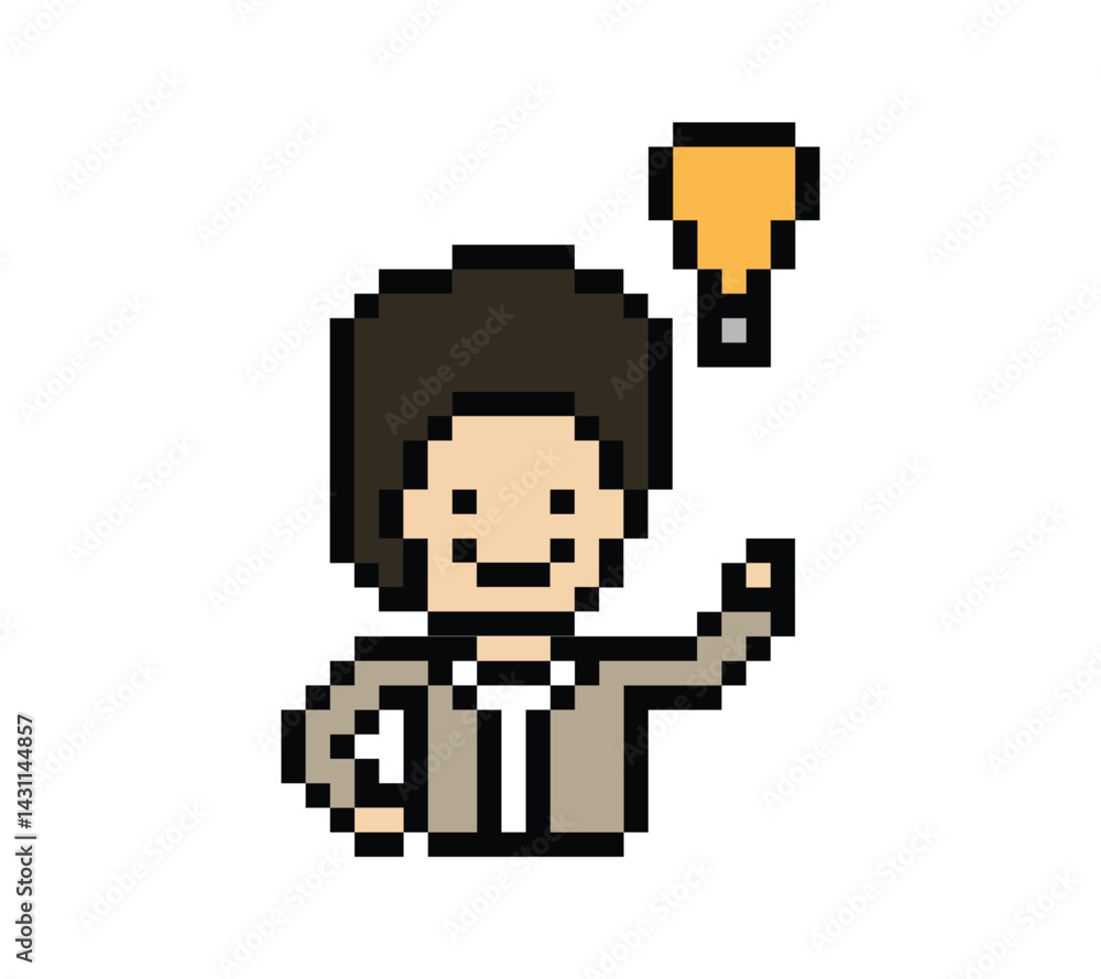 Obraz premium Cartoon cute character man face with light bulb idea creative think decoration pixel 8 bit male boy idea imagination cartoon pixel game png vector.
