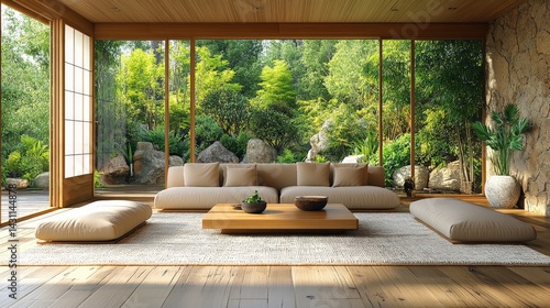 Zen-like Living Room with Garden View