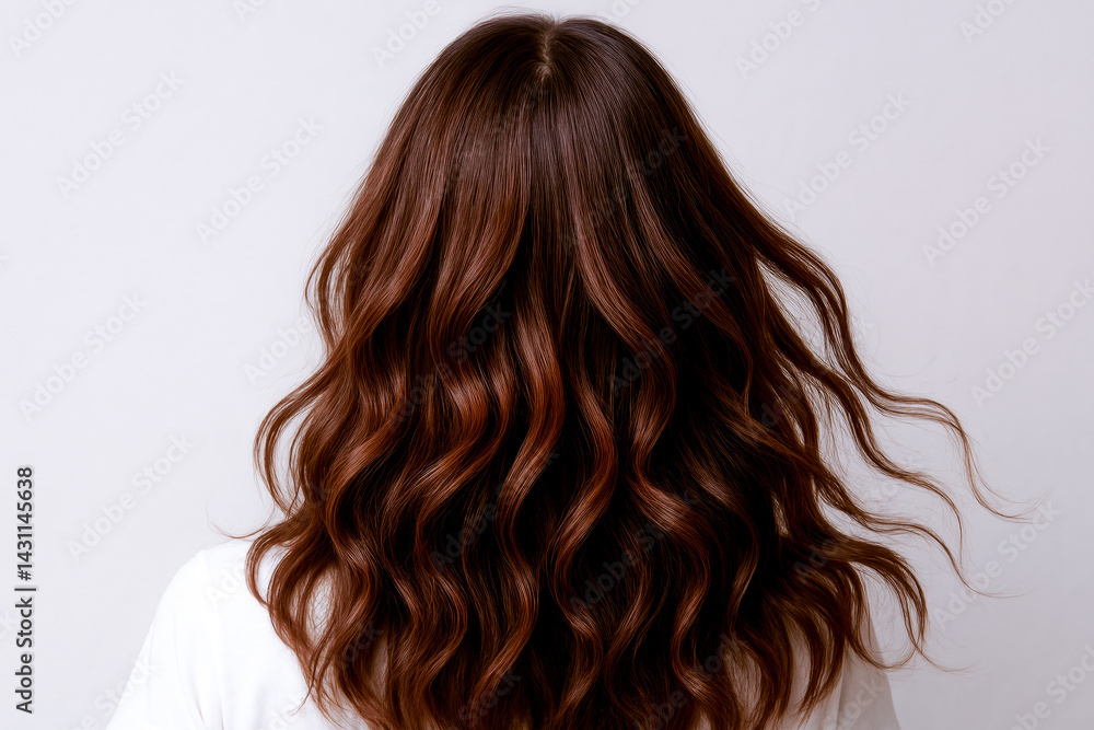Naklejka premium Wavy brown hair cascading down back of person wearing white shirt, showcasing healthy scalp and stylish hair