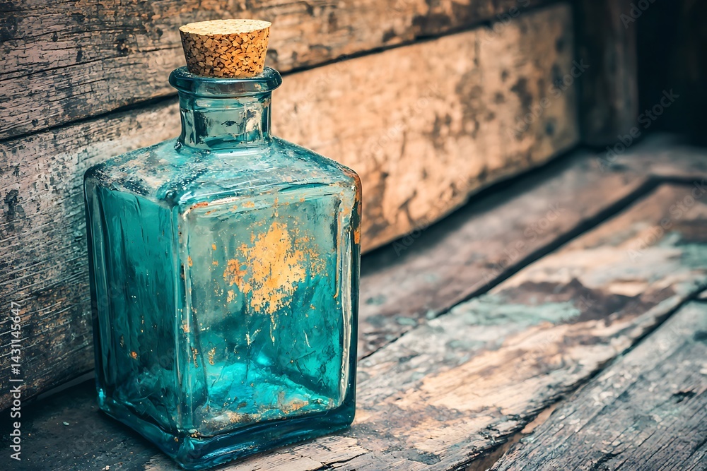 Antique Teal Glass Bottle with Cork Stopper on Weathered Wood