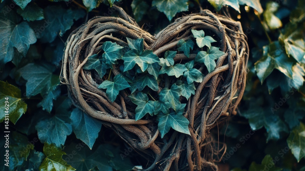 Entangled Roots and Fresh Green Leaves Form an Abstract Heart Symbolizing Natures Love and Connection in a Lush Environment Generative AI