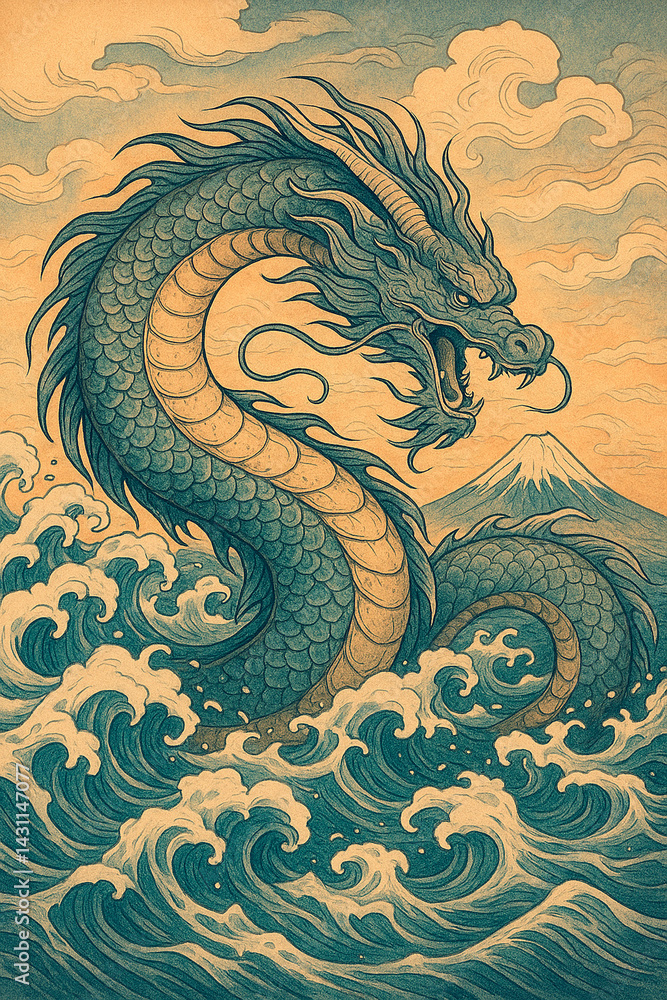 Ukiyo-e Style Leviathan Amid Crashing Ocean Waves and Mt. Fuji Ukiyo-e Style Leviathan Amid Crashing Ocean Waves and Mt. Fuji