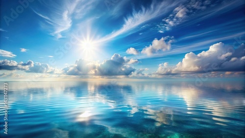 Serene Ocean Horizon with Bright Sun and Puffy Clouds Reflecting on Calm Water