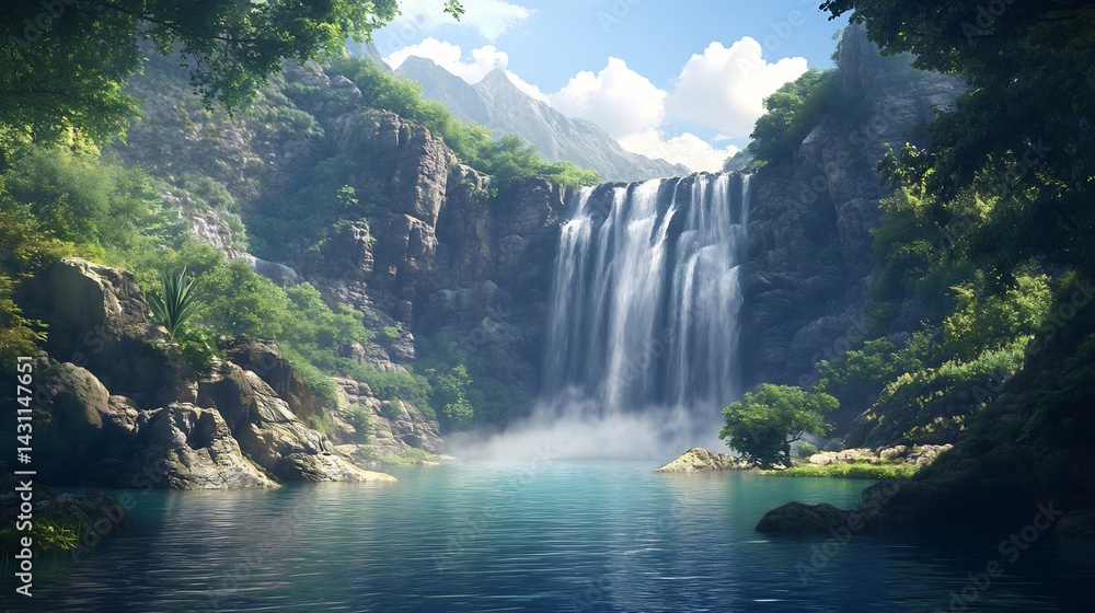 Fototapeta premium Serene Waterfall: Lush Greenery, Majestic Cliffs, Tranquil Pool